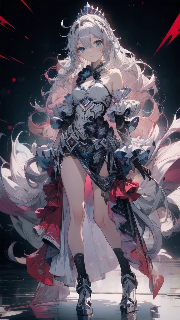 ((full body)),1 person, alone, whole body, (Highest quality,8k,High resolution,masterpiece:1.2),Very detailed,(anime), Lord of the End, Kiana \ (Serious Impact 3)very long white hair, blue eyes, alone, Very detailed顔の特徴, Fine and beautiful eyes, cute, Looking at the audience, Shooting from above, Fantasy Landscape, Bright colors, loose fitting dress, Rich details, Rich environment, Golden Ratio