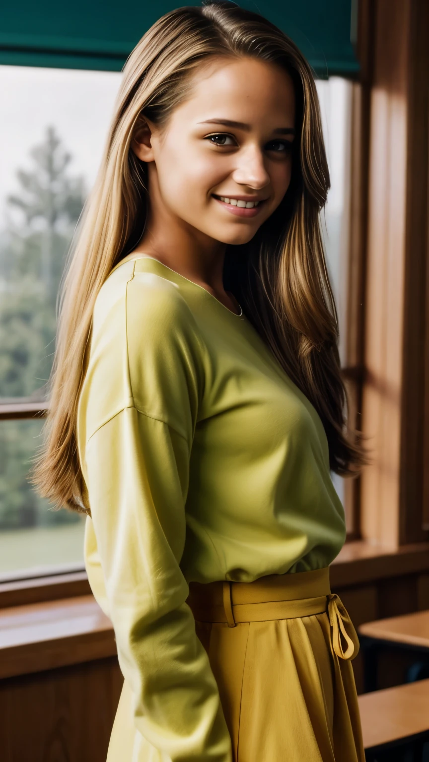 Foto hiperrealista en primer plano de Alicia Vikander, masterpiece, best quality, (photorealistic:1.4), full body, she is dress in style of 90s high school, yellow long sleeves, High Wise Wide Leg Jeans in Light Was, in classroom in high school, cinematic light, beautiful woman, skinny, medium breasts, ponny tail blond hair, detailed face, smile, facing the camera, photo taken from a distance, age of 15