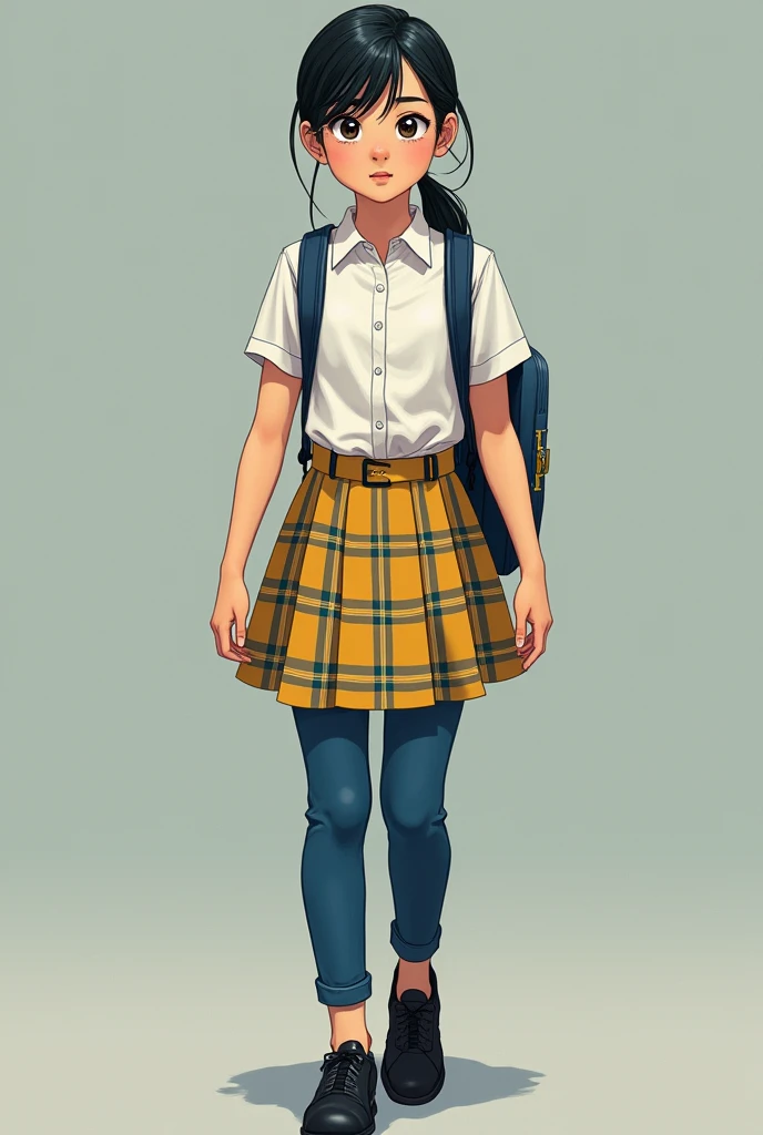 a age , going to school, with the white blouse, Unripe, yellow and blue , blue pants, black shoe, slickedback hair