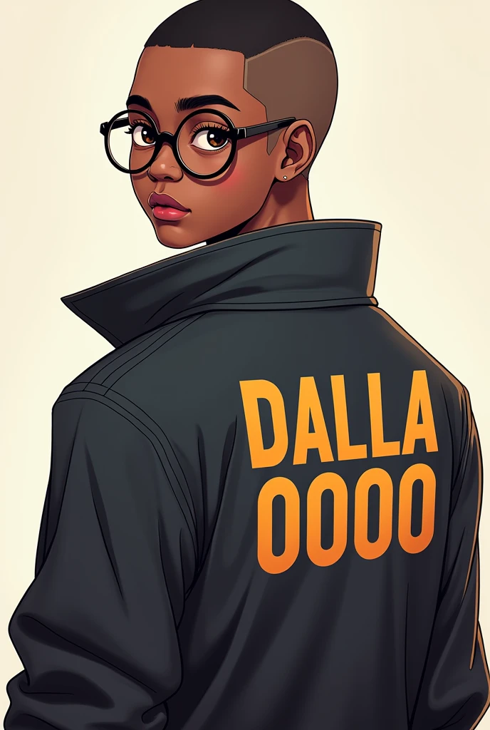 Create an anime drawing with shaved hair wearing circle style glasses with a coat that says DALLA0000 on the back in capital letters, ain't got a lot of hair, he is a young man with black skin, africana, free fire player