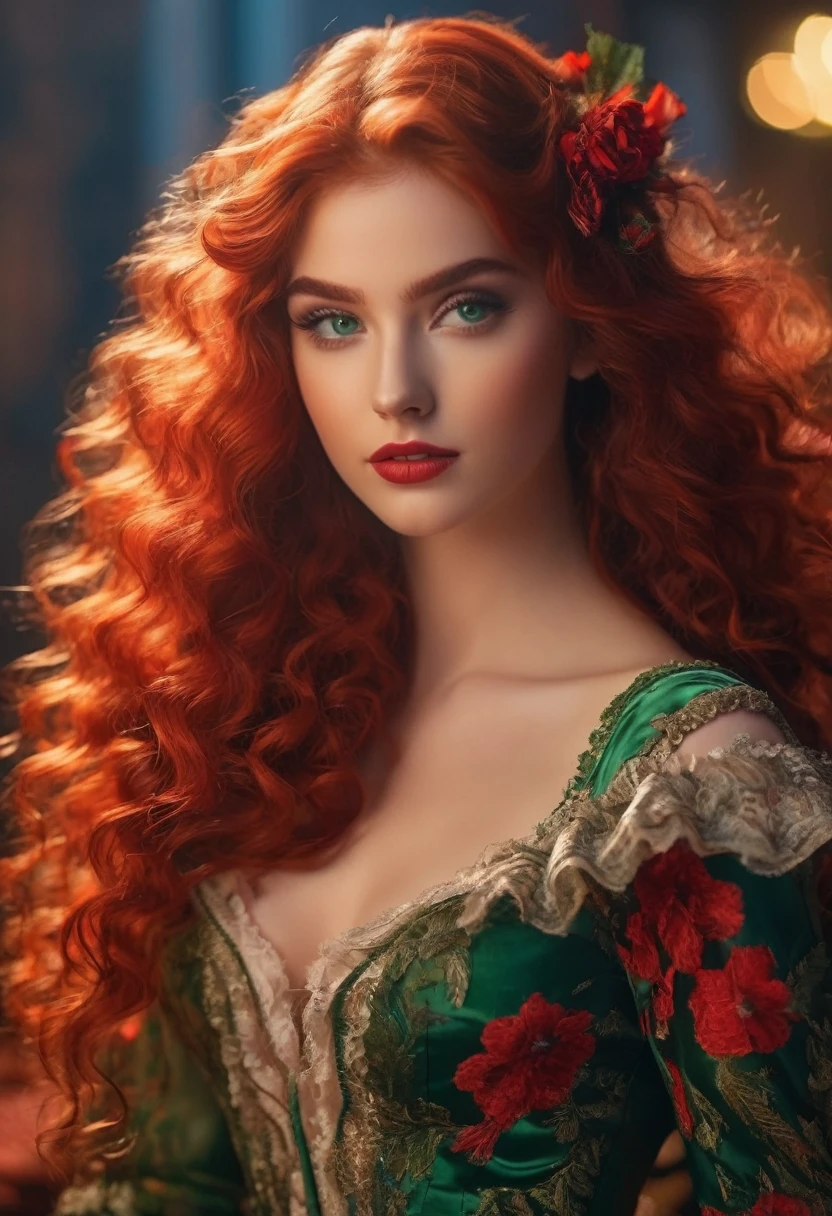 "A young woman in her 20s with a captivating look. Her elongated green eyes are framed by long lengths and well-shaped eyebrows. A vibrant red mouth complements the glowing skin of her face. Her long red hair, falling in defined curls on one side from the head, are highlighted by a soft light emanating from behind. She wears a black and red floral tulle dress, with many detailed ruffles and exposed shoulders. highlight the scene. The image is in very high UHD quality, with meticulous attention to detail, in the highest quality, UHD.