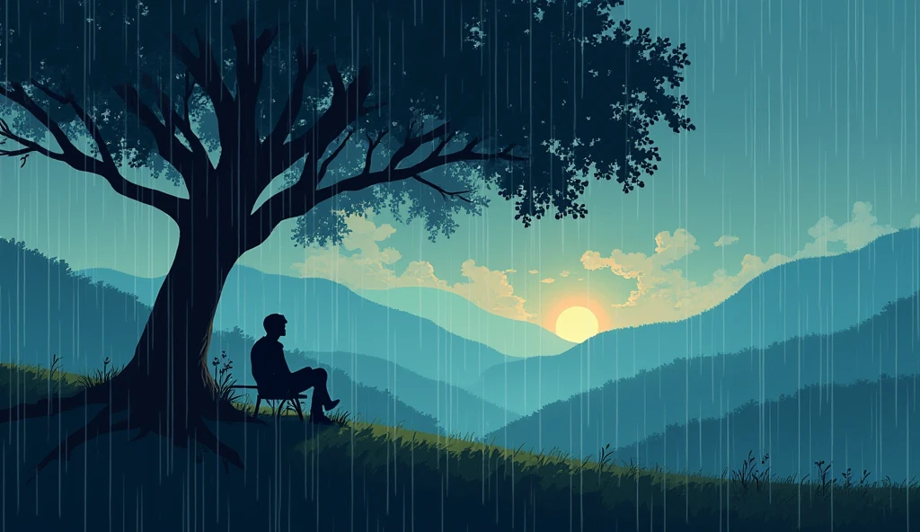 High resolution, pixel landscape chill lofi 90s rain person sheltering under tree
