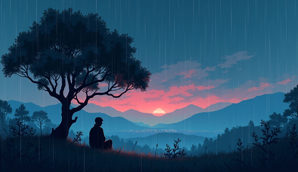 High resolution, pixel landscape chill lofi 90s rain person sheltering under tree
