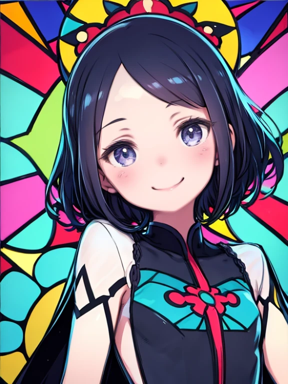 One Girl、Bold line、Stained Glass Style、Smiling、Flat Color、