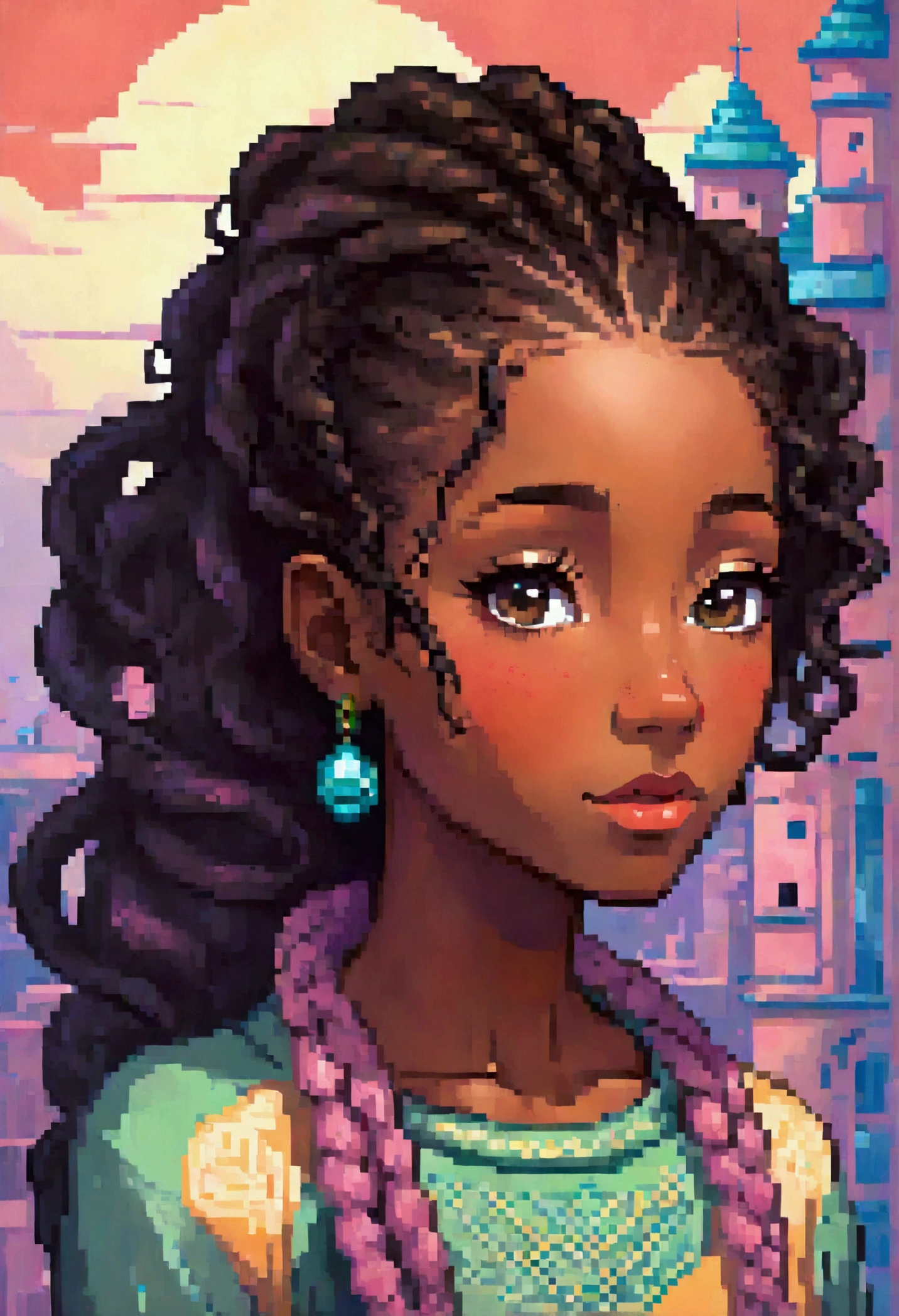 A woman with dark skin and curly hair, divided into two braids that fall softly over her shoulders. Ela se inspira na personagem Jill Stingray, with a look of determination and curiosity. She is wearing a loose sweater., which can be black or dark blue, with a modern and elegant design. The blouse, made of comfortable fabric, contrasts with the environment around it. 

She has her hands in her blouse pockets, giving an air of relaxation and introspection. The scenery in the background is a utopian landscape, vast and inspiring, with a horizon that stretches infinitely. The environment is full of vibrant colors and futuristic architectural forms., suggesting an ideal and harmonious world. The young woman observes the immensity with a mixture of admiration and contemplation., absorbing the beauty and tranquility that the place offers.