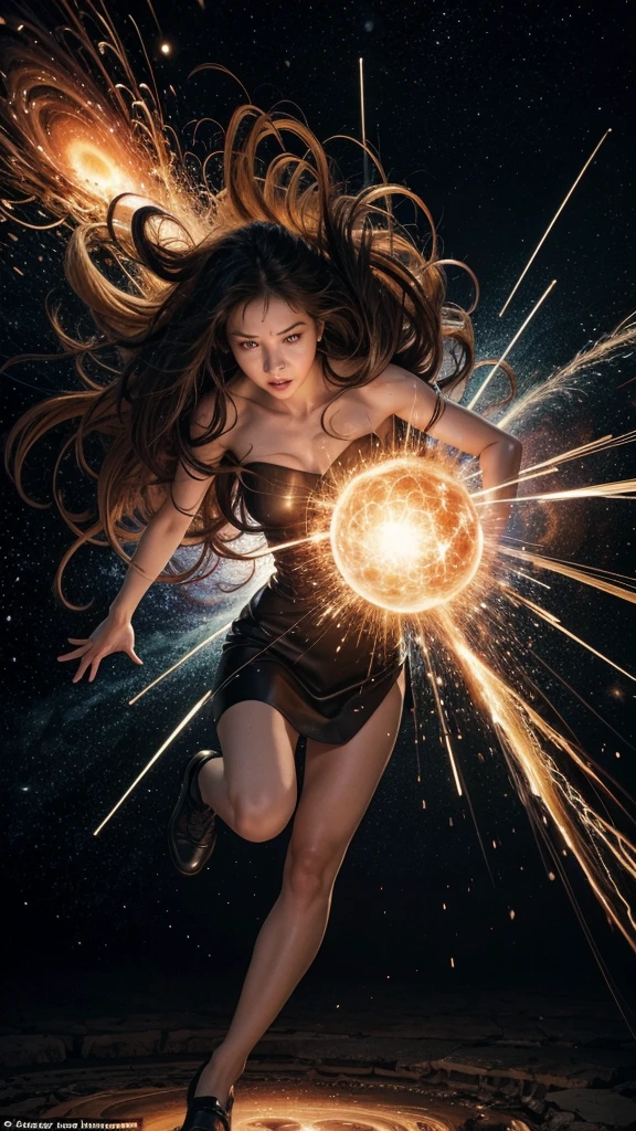 Show the Co-creator, a grand and imposing entity, at the crucial moment of the creation of the universe. She is at the center of a cosmic explosion, similar to the Big Bang, with an immense release of light and energy. Capture the moment she tries to contain the explosion, but fails and is sucked into the creative vortex itself. The scene must convey the force and chaos of the explosion, with the Co-Creator being dragged into the vortex, symbolizing her downfall and imprisonment in the universe she created."