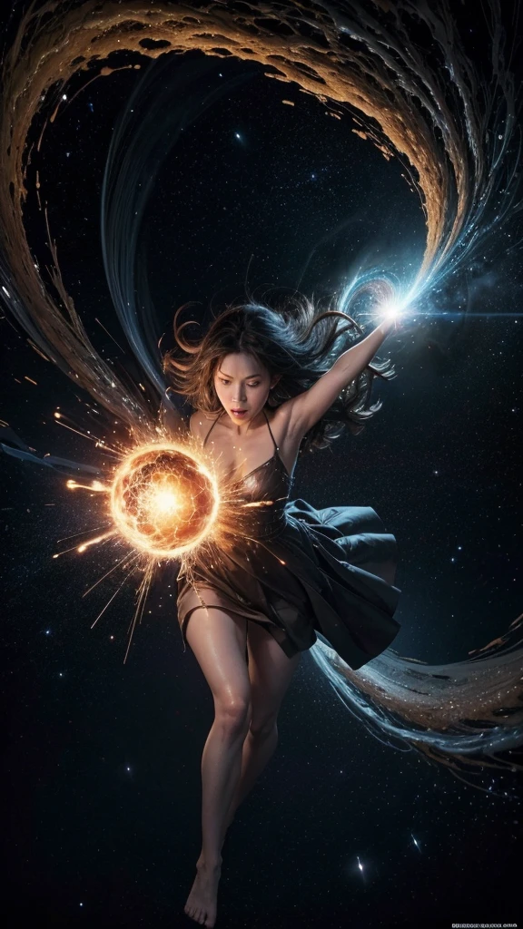 Show the Co-creator, a grand and imposing entity, at the crucial moment of the creation of the universe. She is at the center of a cosmic explosion, similar to the Big Bang, with an immense release of light and energy. Capture the moment she tries to contain the explosion, but fails and is sucked into the creative vortex itself. The scene must convey the force and chaos of the explosion, with the Co-Creator being dragged into the vortex, symbolizing her downfall and imprisonment in the universe she created."