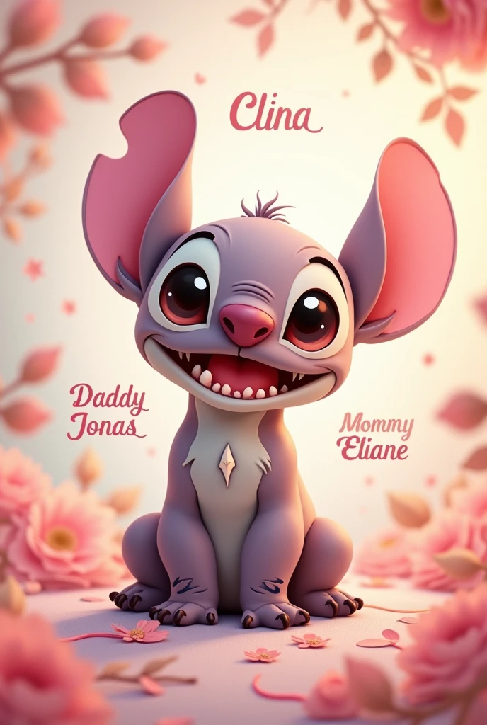 Photo of the character Stitch Rosa with the name Celina written, a very feminine theme, very cute, like a cartoon, and the names Daddy Jonas and Mommy Eliane written in the image highlighted as Celina's parents.