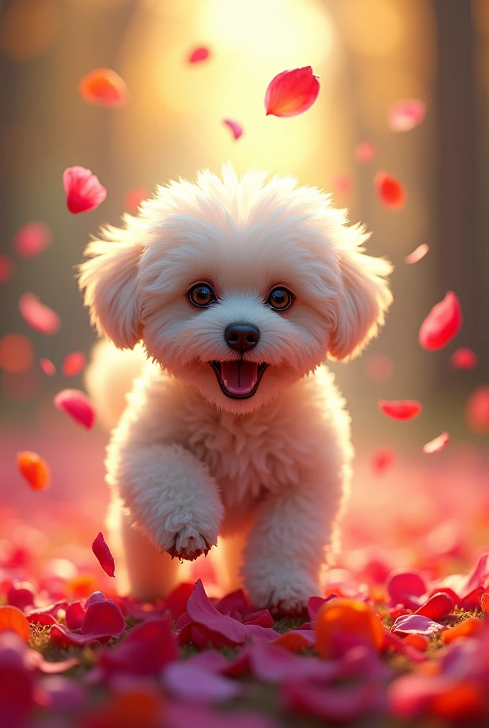 Bichon,high resolution,Adding details,Warm light and shadow,Ambient Light,Bright,Colorful petals fly