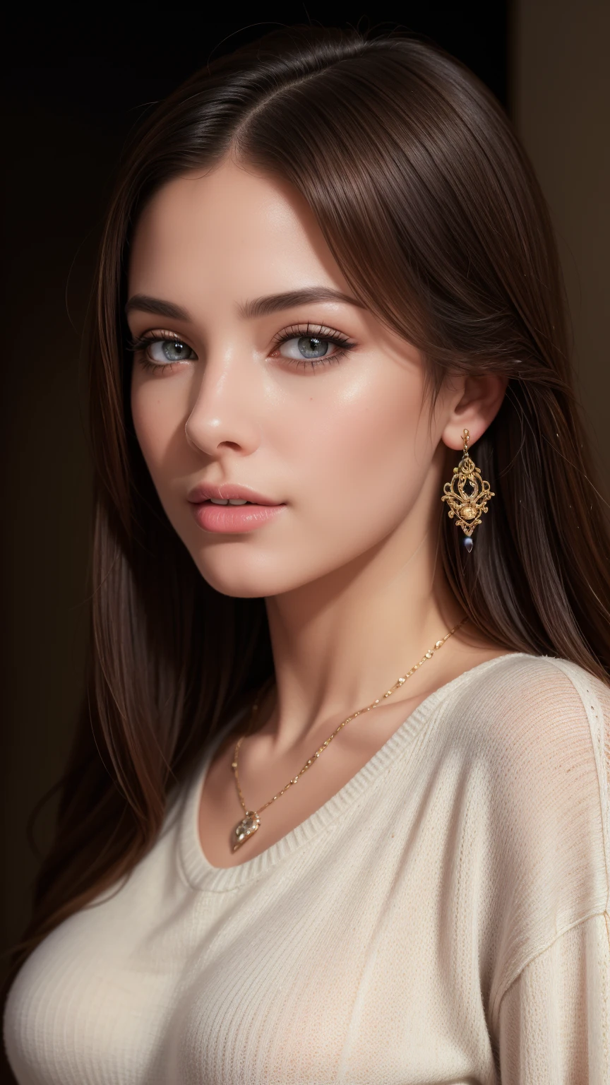 (best quality,4k,8k,highres,masterpiece:1.2),ultra-detailed,(realistic,photorealistic,photo-realistic:1.37),vibrant colors,dramatic lighting,award winning digital art a full body portrait of a beautiful girl, detailed intricate, serene expression, wearing sweater, detailed clothing folds, detailed jewelry, detailed background,