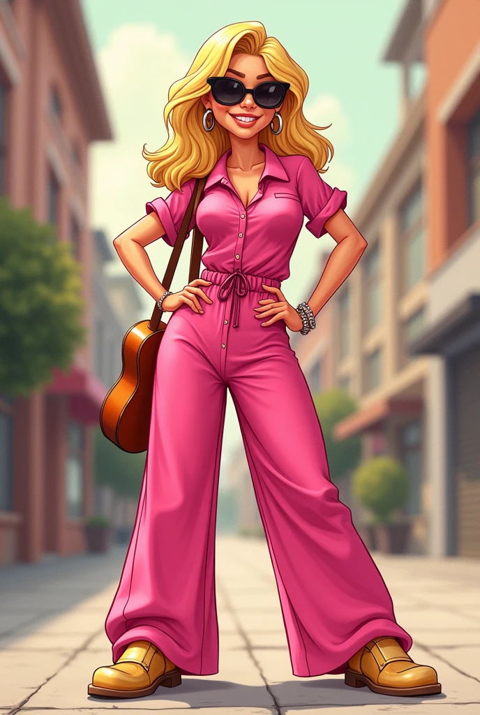 Blonde woman cartoon, 1,50m high, 70 kilos in weight, guitar hip , with wide pink jumpsuit, with sunglasses, with the right hand on the waist and the left hand loose, sidewalk with golden shoes, with legs together.