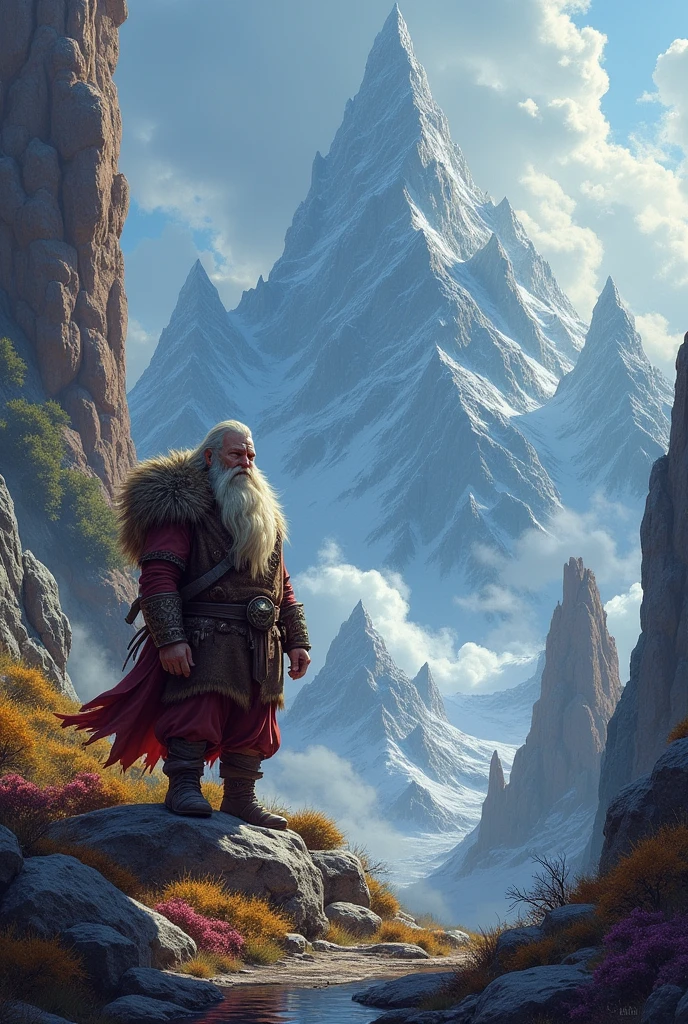 Dwarf Stellan behind mountains and a crazy landscape
