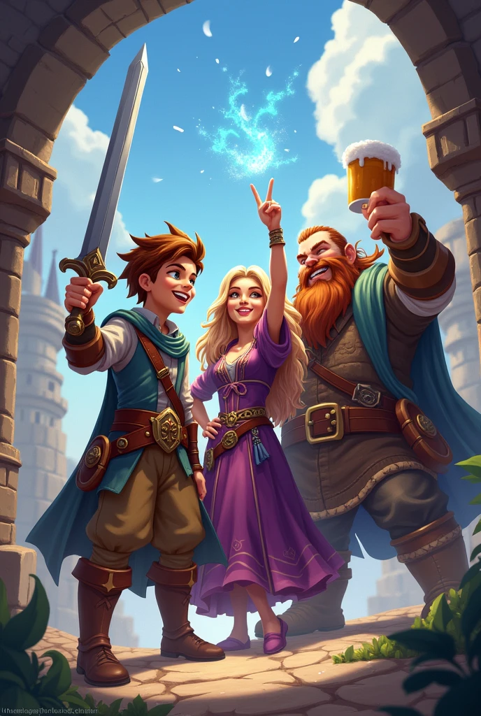 young swordsman,  A female mage and a dwarf warrior (cheered up)

