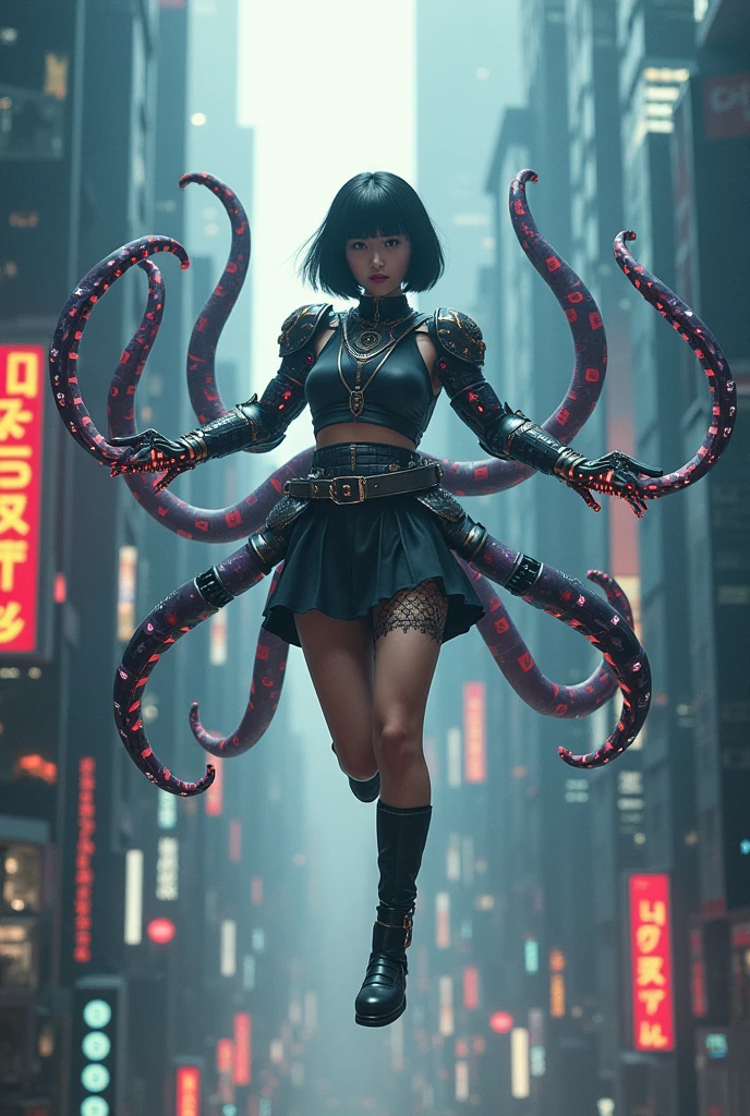 
Doctress octopus is (a super pretty taiwanese native american mix girl 18yo)(cool cyberpunk futuristic visor)(bobcut black shiny hair) (shinto priest costume mini) (flying all over the city) (long mechanical arms sprouting from her back) (grappling buildings) (high tech glowing gauntlets) (lace thigh highs)  (superhero poster shot) (64k uhd super detailed dramatic) (wide camera 24mm canon eos r850) (from below)