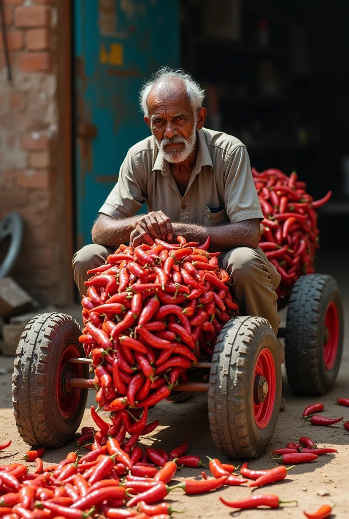 Indian poor man making four wheeler car from red chilli