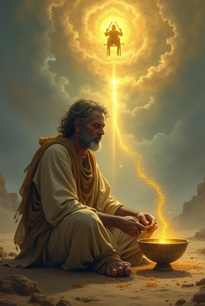 beggar begging for alms in empty bowl and abt to dose off when sees gleaming light from sky and awakes him then sees golden chariot and the god appears and later the bowl is filled with 1 golden grain