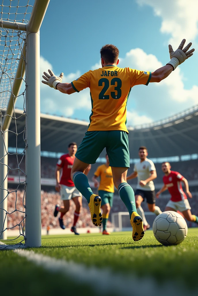 A boy jump the group for save the football in the front of goalpost. He is a goalkeeper, her jursy name is "Jafor" her jursy name is 23.