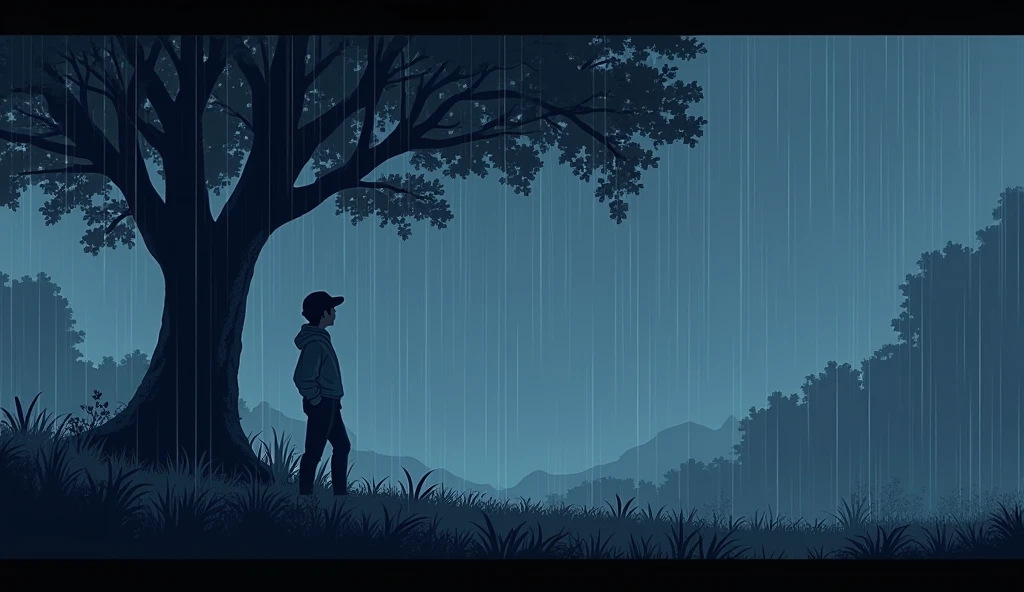 High resolution, pixelated landscape chill lofi 90s rain person sheltering under tree