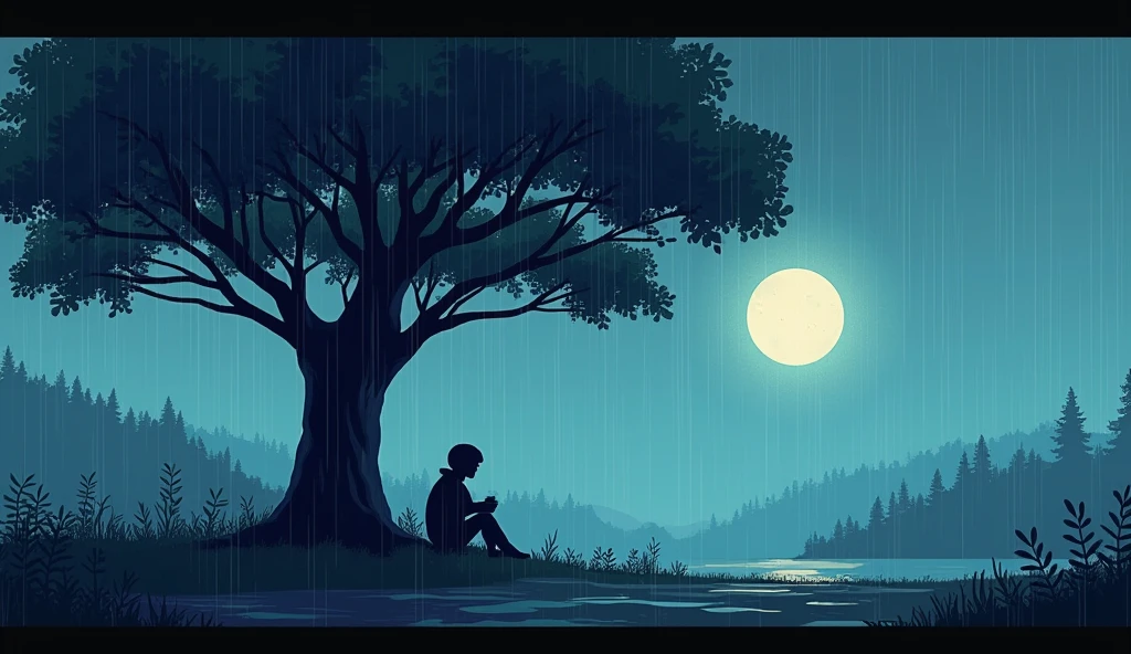 High resolution, pixelated landscape chill lofi 90s rain person sheltering under tree
