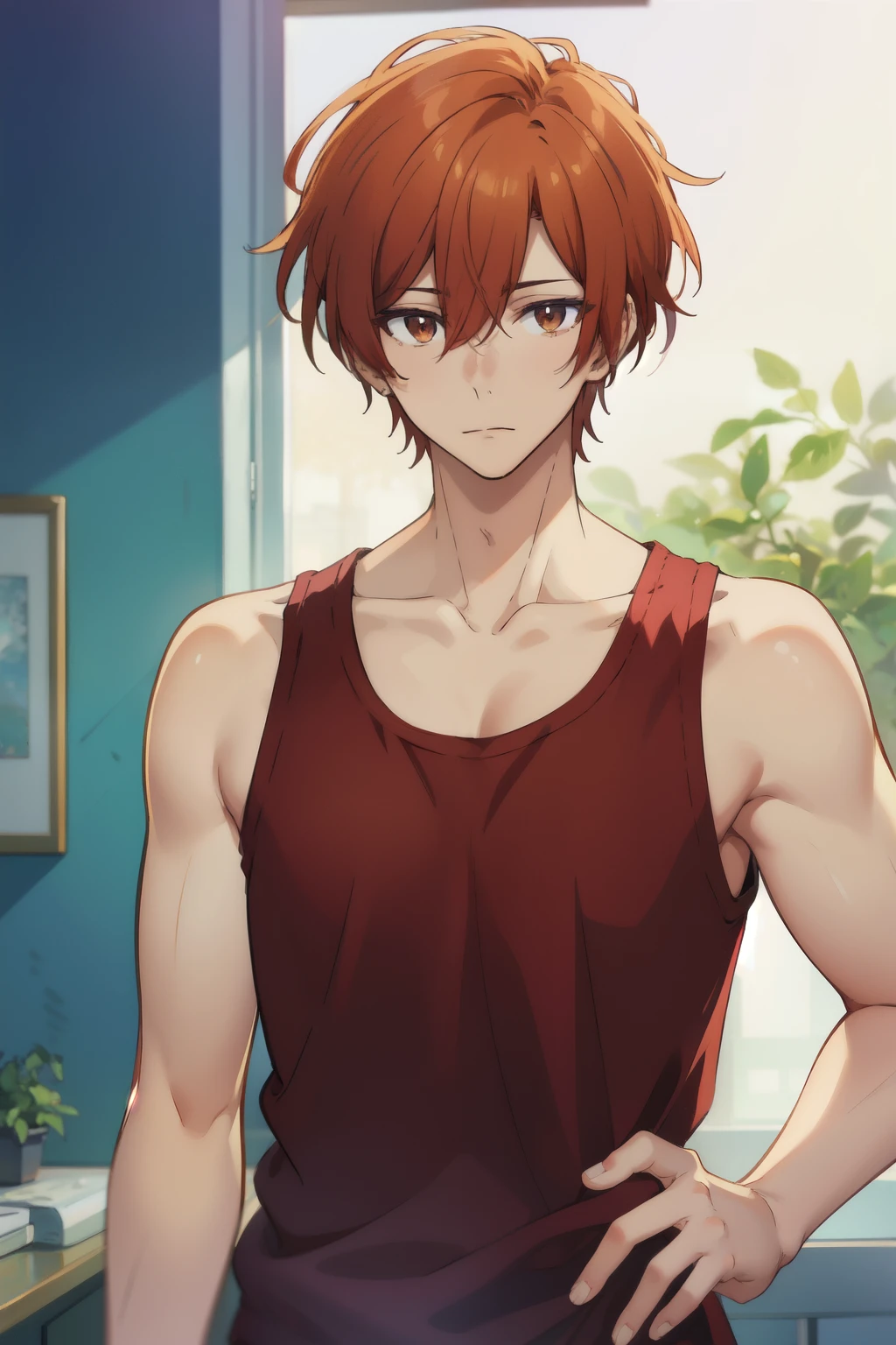 masterpiece, best quality, illustration, 1boy, solo, male focus, looking at viewer, , depth of field, shuumei_sasaki, red hair, , brown eyes, tank top, hat