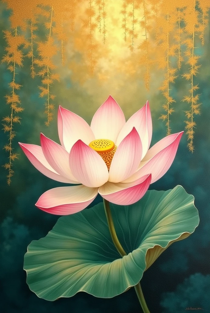 Lotus flower painting、Gold and green background、Buddhist painting-like