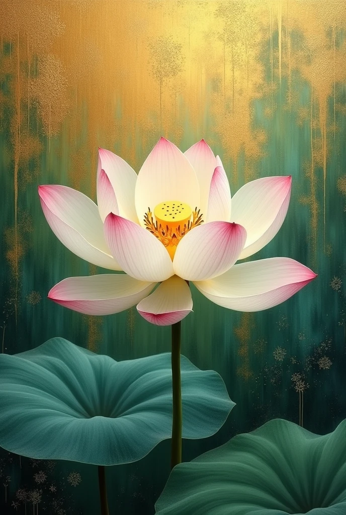 Lotus flower painting、Gold and green background、Buddhist painting-like