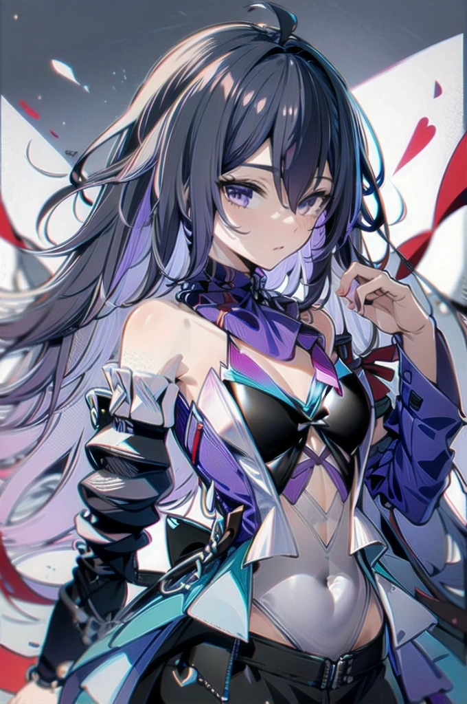 Ciel, One person, alone, Purple eyes, Purple Hair, Long Hair, View your viewers, bangs, dress, chest, Hair between the eyes, purple dress, purple skirt, White Background, Cowboy Shot, Mouth closed, skirt, Removable sleeves, leotard, dress, Exposing shoulders,scarf ,  Fulfillment of the soul, masterpiece,Highest quality,8k,Official Art,Cinematic Light,Ultra-high resolution,