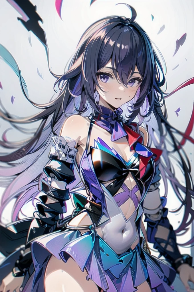 Ciel, One person, alone, Purple eyes, Purple Hair, Long Hair, View your viewers, bangs, dress, chest, Hair between the eyes, purple dress, purple skirt, White Background, Cowboy Shot, Mouth closed, skirt, Removable sleeves, leotard, dress, Exposing shoulders,scarf ,  Fulfillment of the soul, masterpiece,Highest quality,8k,Official Art,Cinematic Light,Ultra-high resolution,