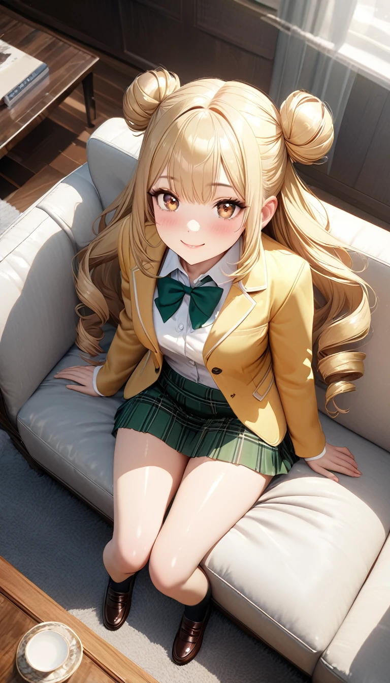 (masterpiece,ultra-detailed,best quality,8K,CG,realistic,illustration:1.2),(perfect-composition,detailed beautiful face,Clean skin,photographical skin,shiny skin,shiny hair, photographical hair,ultra detailed eyes,shaved,kawaii,uncensored:1.1),smile,long hair,twin tail, 1girl, solo, long hair, blonde hair, double bun, drill hair, brown eyes,winter school uniform, green bowtie, white shirt, yellow blazer, buttoned blazer,plaid skirt, green skirt, socks,loafers,from above,seductive,blushing,sitting on sofa ,luxury room,arms behind
