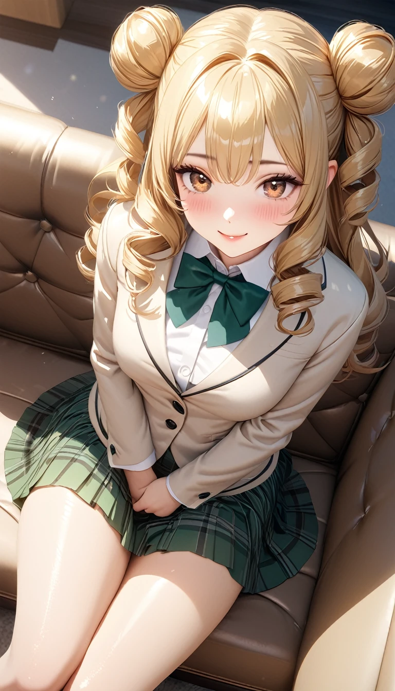 (masterpiece,ultra-detailed,best quality,8K,CG,realistic,illustration:1.2),(perfect-composition,detailed beautiful face,Clean skin,photographical skin,shiny skin,shiny hair, photographical hair,ultra detailed eyes,shaved,kawaii,uncensored:1.1),smile,long hair,twin tail, 1girl, solo, long hair, blonde hair, double bun, drill hair, brown eyes,winter school uniform, green bowtie, white shirt, yellow blazer, buttoned blazer,plaid skirt, green skirt, socks,loafers,from above,seductive,blushing,sitting on sofa ,luxury room,arms behind