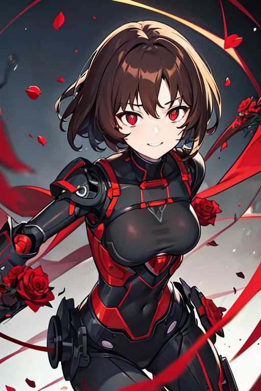Robot woman, short brown hair, black eyes with red pupil, with roses and thorns all over the body, cables sticking out, terrifying, with a macabre smile, with blood