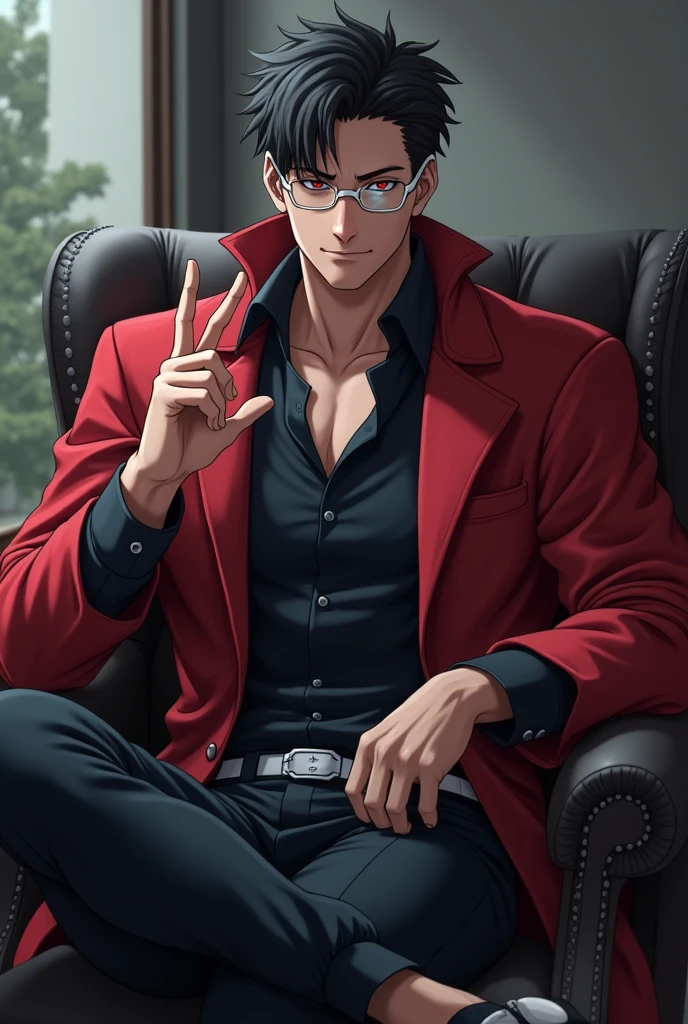A handsome muscles guy who is sitting on a chair in front of desk has a white glasses and sharingan also wearing naruto akatsuki clan's uniform of naruto anime and has short suitable black hair to show his left two finger with little smile in grey cafe