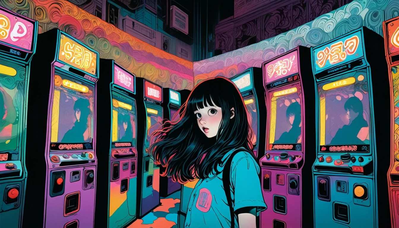 An illustration、art、Supervised by Junji Ito、Overaction、Overreaction、Pretending to be scared、Attention to detail, Realistic shadows、og Style, chromatic aberration, Surrealism、Arcade