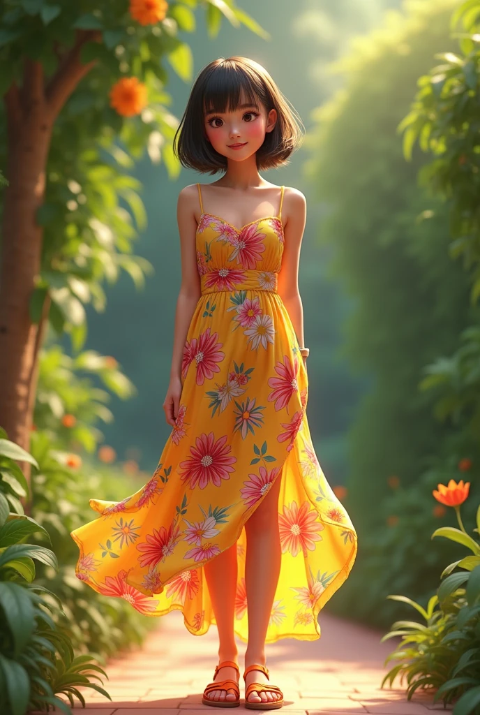 flowery dress, orange sandal, short and straight hair