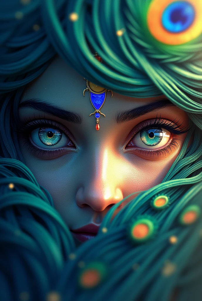 Generate an image of Aesthetic and realistic rendered image of lord Krishna’s beautiful eyes hiding in between a sparkling beautiful peacock feather showcasing his utmost beauty in the form of a digital art