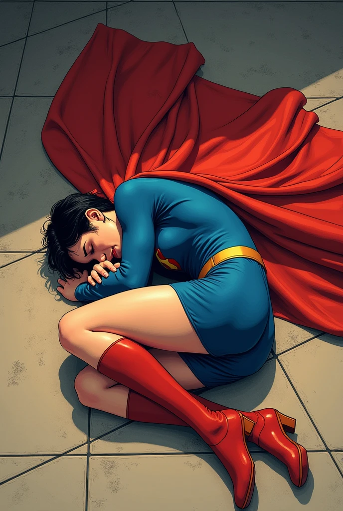 A woman with short hair dressed as Superman. with a cape. physically strong, lying on her side on the floor in the fetal position, crying with his hands on his face. Breaking down in tears. perspective from above. manga style.