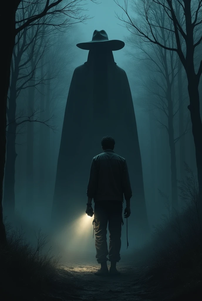 ugly man in a very foggy forest at night with a flashlight in his hand, and a black married ghost with a big hat that covers his face behind the man