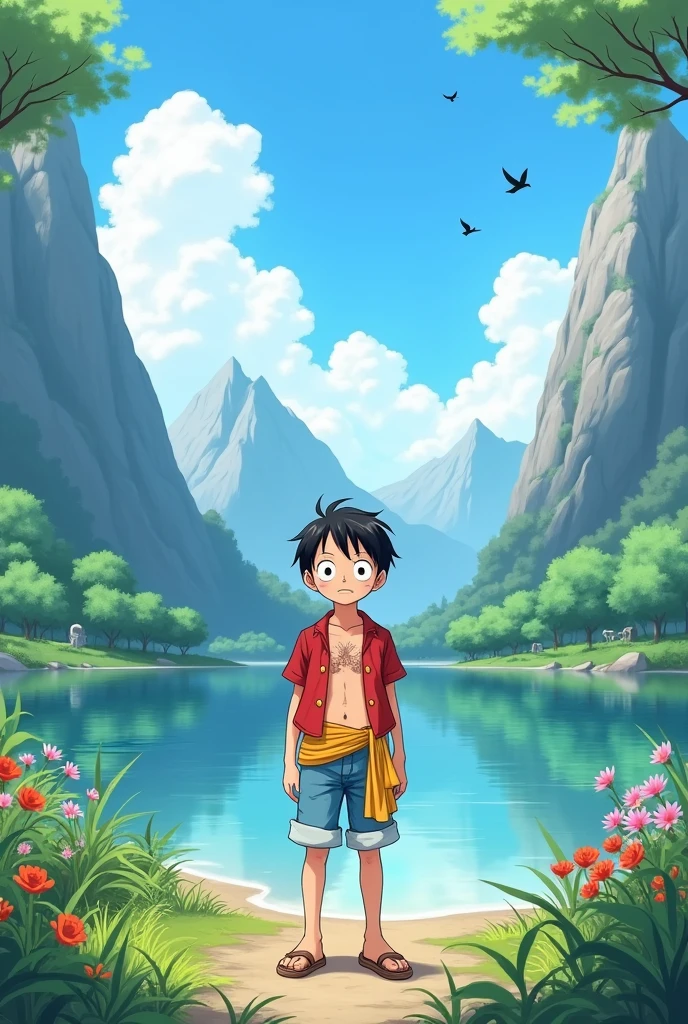 Create an anime-style scene featuring a young boy with short black hair and large, expressive brown eyes. He is dressed in simple, white clothing and has a calm, curious expression on his face. The background is a serene natural landscape with towering grey mountains, green trees, and a tranquil lake reflecting the blue sky with a few scattered white clouds. The daylight is soft, suggesting a peaceful morning in a mountainous environment. Add additional elements to the background, such as birds flying, fish jumping in the lake, and colorful wildflowers along the shore. The art style should maintain a soft, realistic tone with a natural and harmonious color palette.
Create an image of Luffy's outfit, the protagonist from One Piece, in anime style, to be placed on another character. The outfit should include a red short-sleeved shirt, open in the front, revealing the chest. Include a yellow sash tied around the waist over a pair of light blue denim shorts that end just below the knees. Complete the look with simple brown sandals. Make sure the outfit is designed with the characteristic details of Luffy's style, keeping the color palette vibrant and true to the original design.