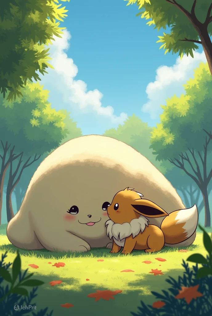 Eevee kissing Snorlax 