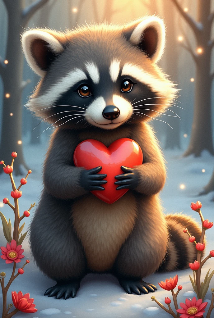 Dreamlike Fantasy ATC illustration portraying a close-up adorable fluffy otherwordly smiling raccoon, Langorous gaze, perfect facial features, holding a heart, dynamic pose, inspired by Brian Viveros and Esao Andrews, dreamy atmosphere, flowers, winter sparkles, stains, bokeh, and splatters rendered in colorful iridescent alcohol ink wash to enhance organic nature, luminism, luminescence, patina accents, repoussé foil embossing, chiaroscuro lighting highlighting the form, dehazed, clarity,