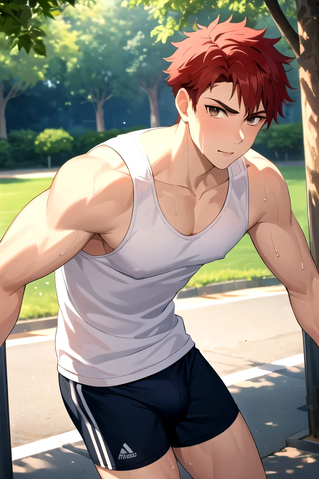 masterpiece, best quality, 1boy, solo, male focus, leaning forward, muscular male, tank top, shorts, bulge, brown eyes, short hair, red hair, looking at viewer, (covered nipples:0.8), bara, sweat, park, tree