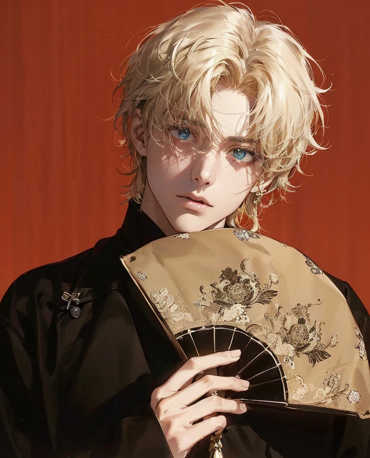 (best quality,4K,8ก,high resolution,Masterpiece:1.2),very detailed,(realism,photorealism,photo-realism:1.37),1 man,s,A man who is a child,very handsome,Without expression..,proportional body.,Short golden blonde hair,ดวงblue eyesWearing a green coat,glare,A perfect face without any mistakes,Impressive gesture,Builder,Wearing a green coat,castle background,movie lights,Create HDR images,My hair is combed to the side.., blue eyes,