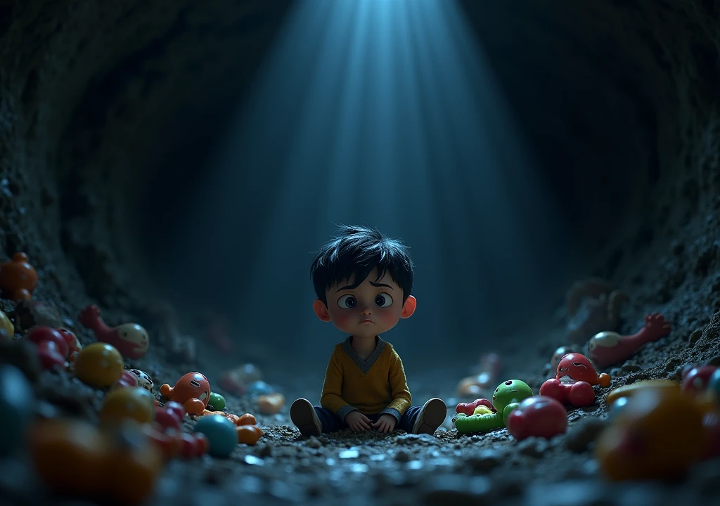 Lucas is at the bottom of a dark and cold well, surrounded by the toys he once wished for. The toys are lifeless and scattered around him, no longer bringing him any joy. The well is dimly lit, with only a small ray of light from above. Lucas sits alone, looking sad and regretful. The scene emphasizes the isolation and emptiness he feels, with a Disney Pixar-inspired style that captures his emotions through detailed character design and lighting.