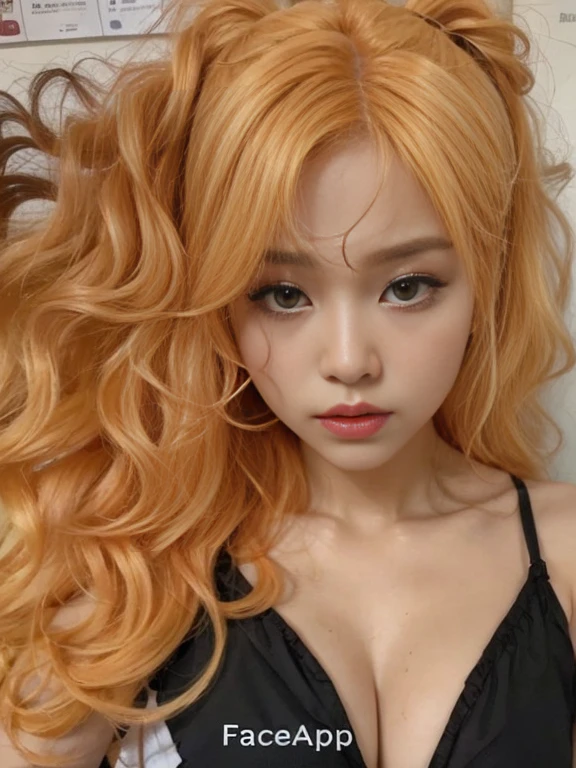 a close-up of a woman with long orange hair and a black top, fair skin curly blonde hair, hyper realisitic anime, loose orange hair, realisitic. cheng yi, glowing orange hair, anime girl in real life, yellow wavy hair theme, anime fotorrealisitic, like art germ, role model | art germ, Orange peel and long, fiery hair., spongy orange peel