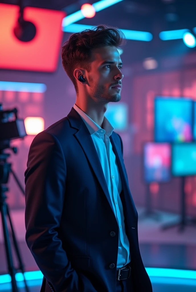 make a movie poster with a tv presenter theme with the main character looking to the side