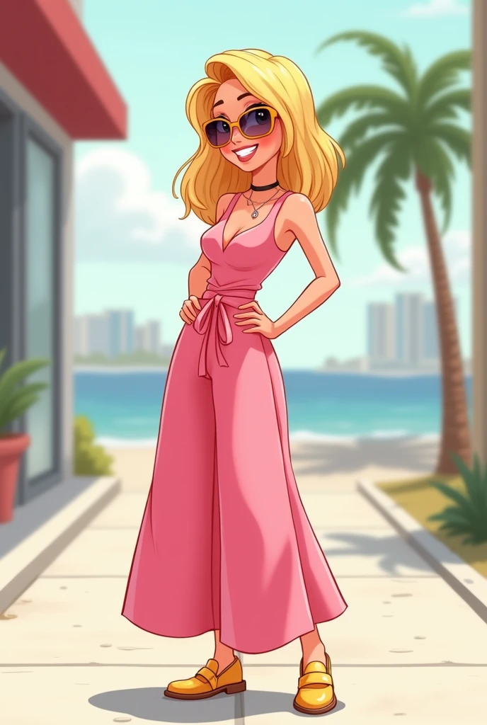 Blonde woman cartoon, 1,50m high, 70 kilos in weight, with wide pink jumpsuit, with sunglasses, with the right hand on the waist and the left hand loose, sidewalk with golden shoes, with legs together.