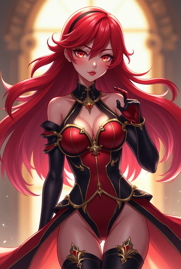 An anime character named Etra with long red hair, a short body, big breasts, red eyes, dressed like a magical girl with a face that looks like she is insulting anyone who sees her. 