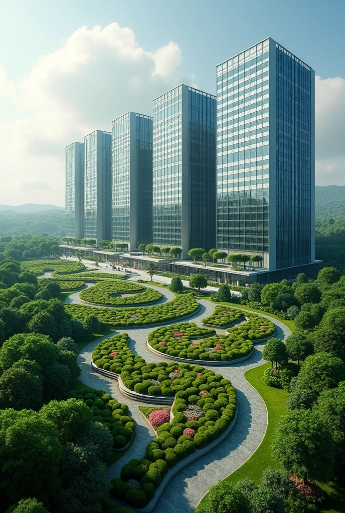 A company headquarters with 6 story buildings in it's compound with flowers,grass and trees forming significant pattern