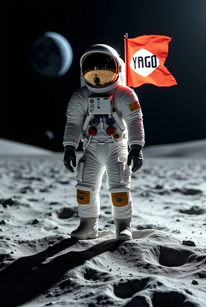 The astronaut on the moon placing a flag with the word Yago written on it
