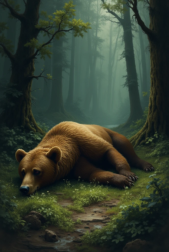 A brown bear was killed,Lying on the forest floor,Gothic,Hand-painted style,